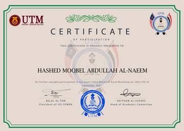 Microsoft Excel Workshop certificate