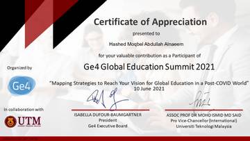 Ge4 Global Education Summit 2021 certificate